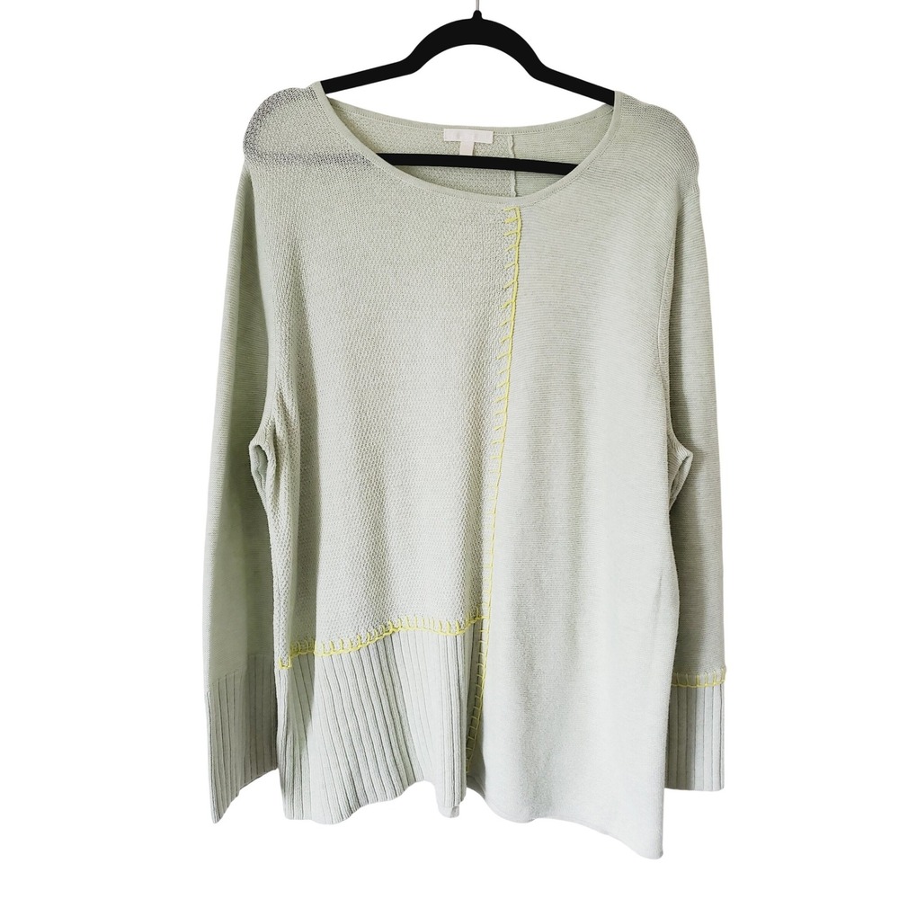Lisa Todd Womens 1X Sage Green Cotton Mixed Knit Whipstitch‎ Sweater Pullover